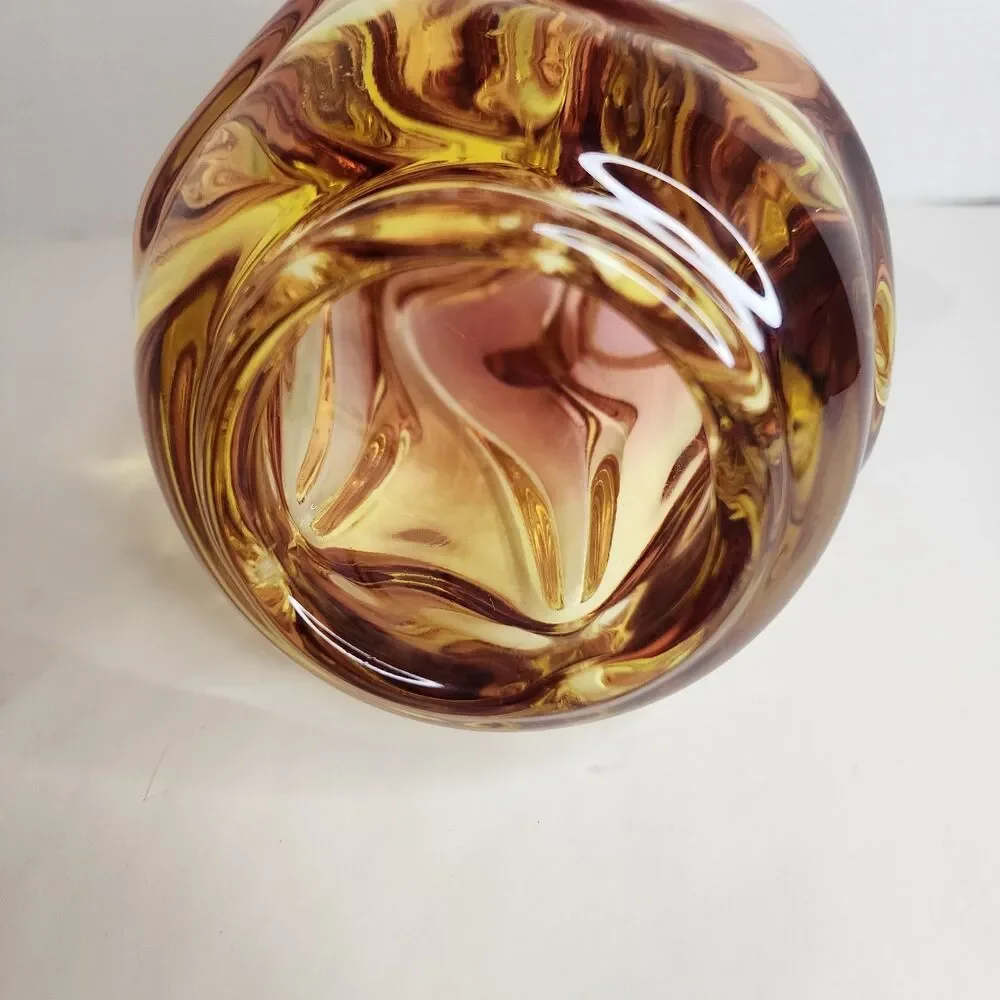 Vintage Hand Made Bohemia Glass Czech Republic Twisted Glass Vase Amber/Pink